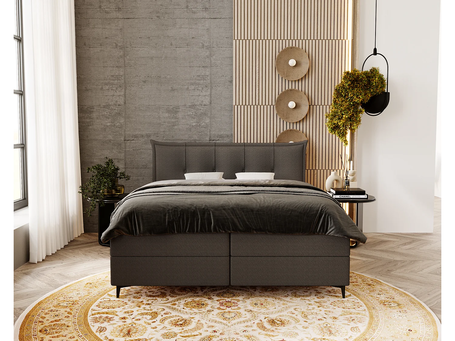 Gestoffeerd bed 140x200 Liron - Tweepersoonsbed met matras, met topper, opbergruimte, Donkergrijs (Anthology 18)