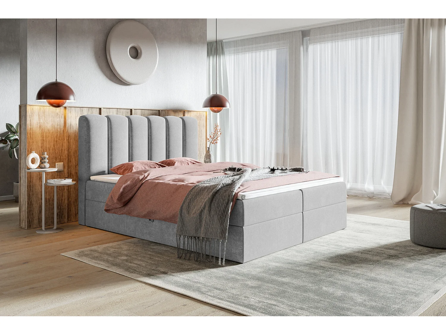 Lit double avec matelas Rimini - Surmatelas, lit 160x200 avec Rangement - Gris clair (Jasmine 90)
