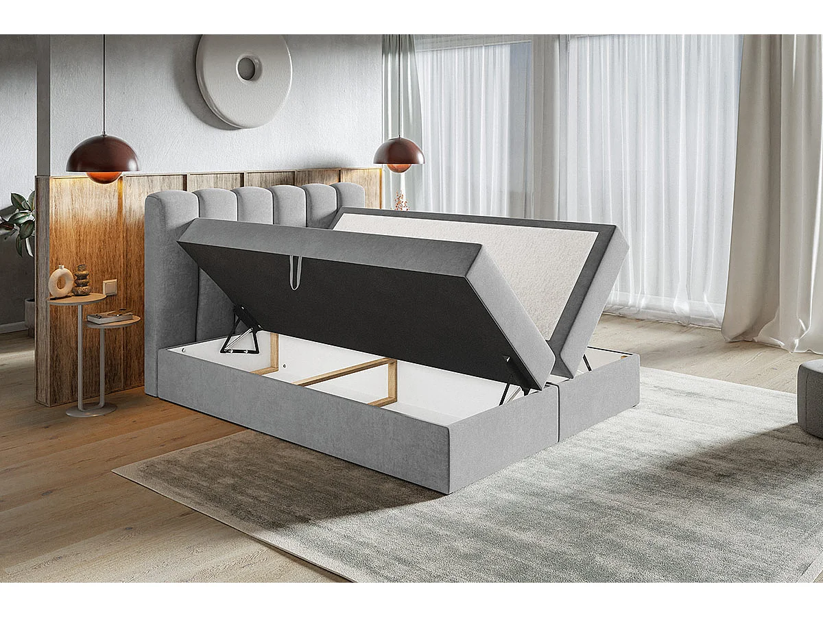 Emporius Rimini łóżko kontynentalne 160x200 z materacem H3 - łóżko dwuosobowe, topper, pojemnik - tkanina aksamitna, jasny szary (Jasmine 90)