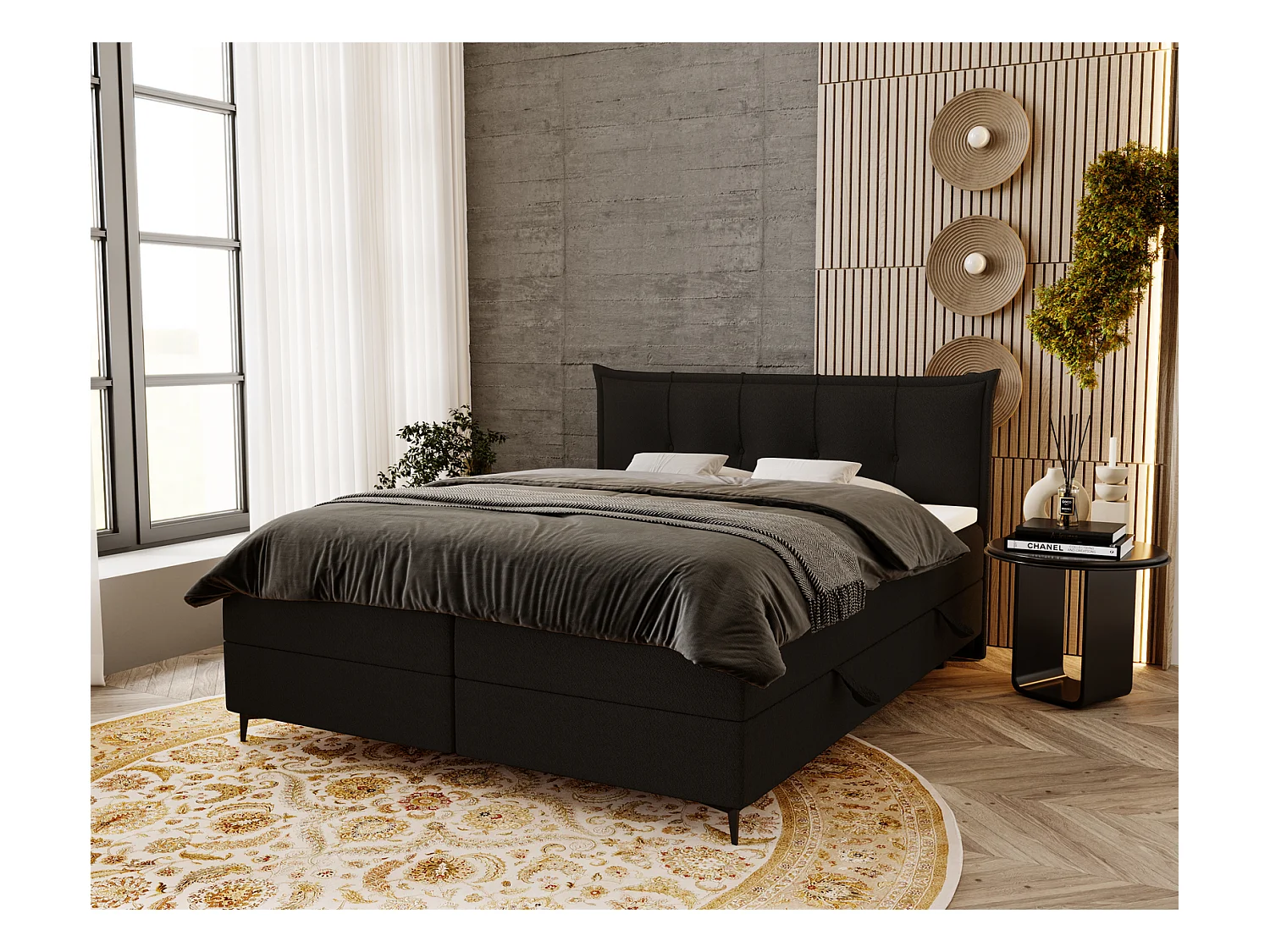 Boxspringbett mit Matratze 140x200 Liron - Doppelbett mit Bettkasten, Topper, Bouclé-Stoff Schwarz (Anthology 19)