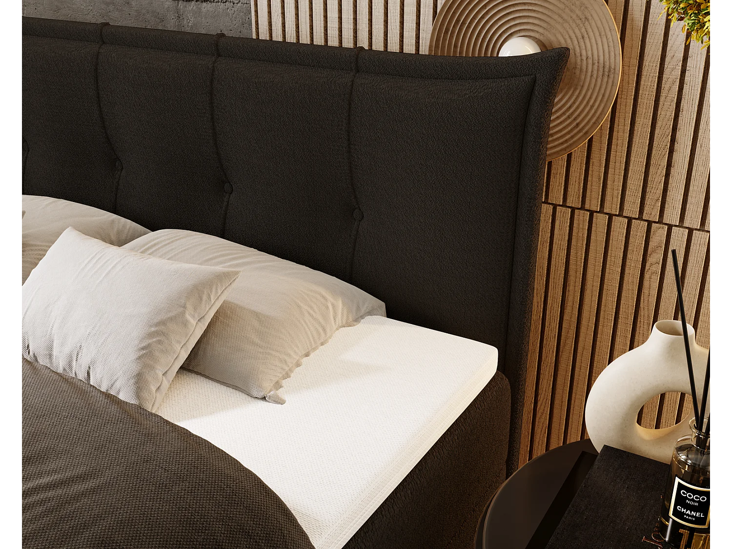 Gestoffeerd bed 140x200 Liron - Tweepersoonsbed met matras, met topper, opbergruimte, Zwart (Anthology 19)