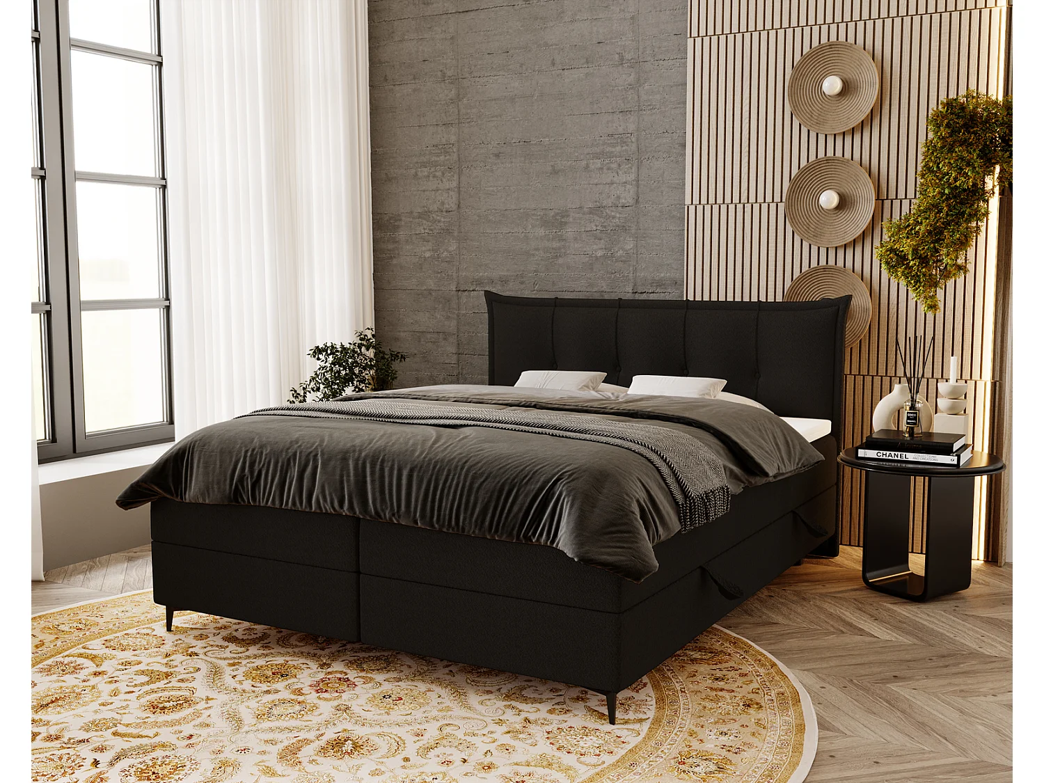 Lit adulte 180x200 avec Rangement Liron - Lit double avec matelas et surmatelas - Lit Noir (Anthology 19)