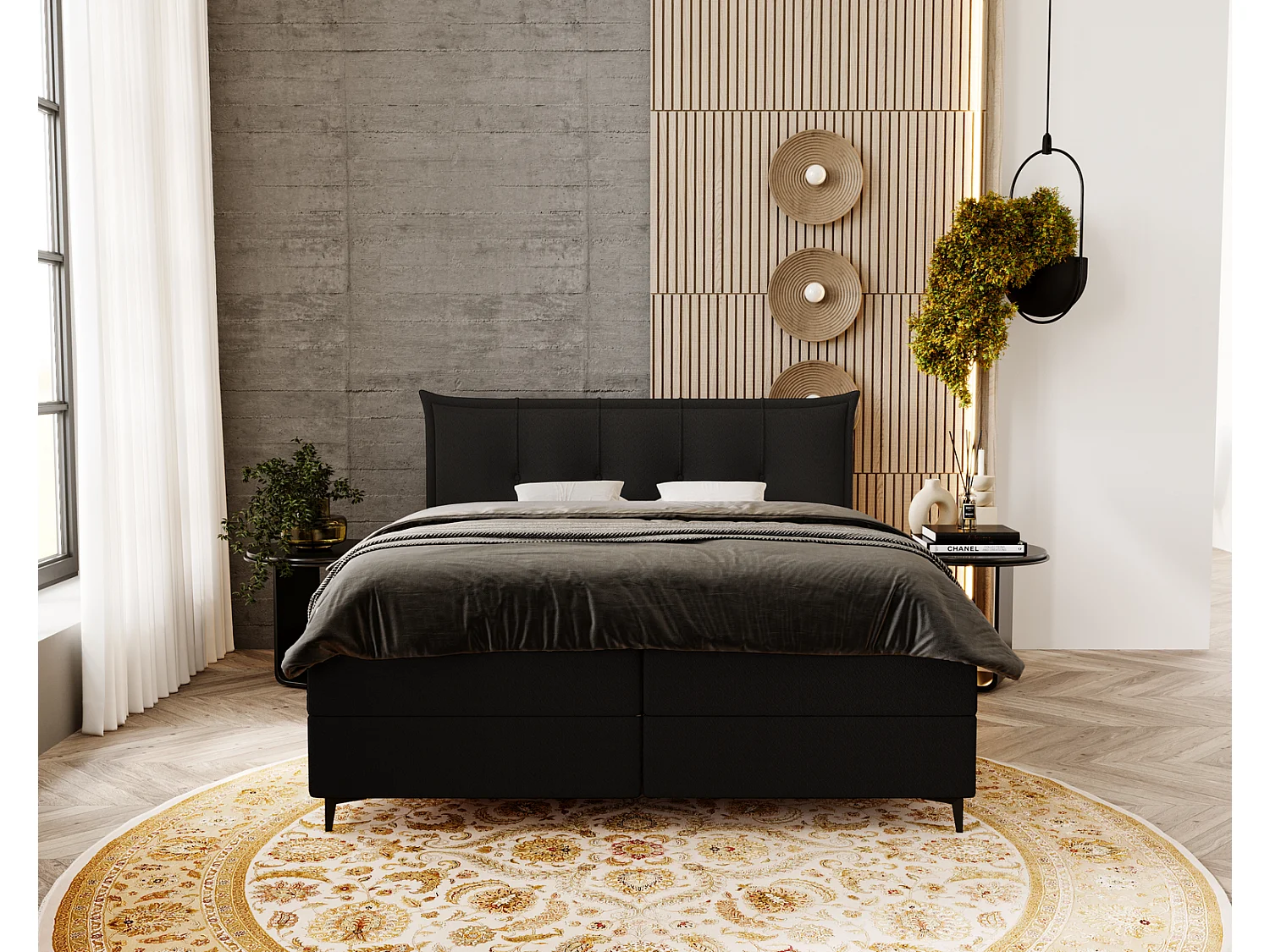 Lit adulte 180x200 avec Rangement Liron - Lit double avec matelas et surmatelas - Lit Noir (Anthology 19)