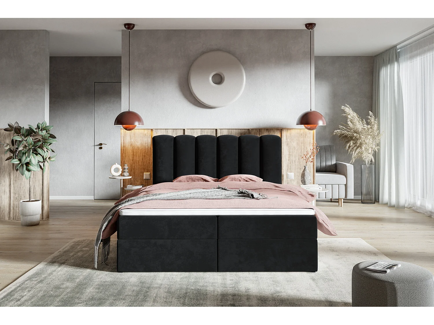 Lit double avec matelas Rimini - Surmatelas, lit 140x200 avec Rangement - Noir (Amor Velvet 4322)