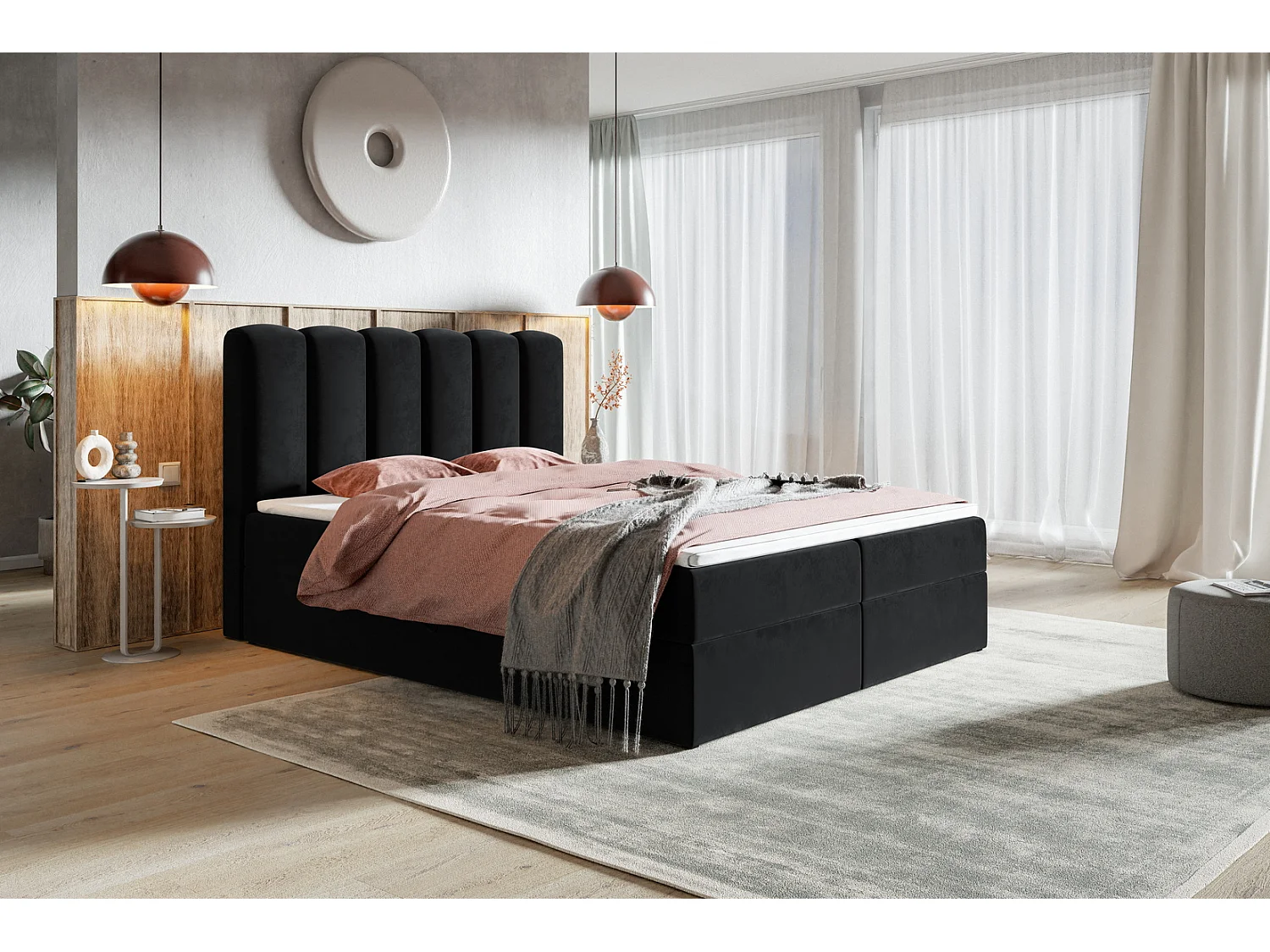 Emporius Rimini łóżko kontynentalne 180x200 z materacem H3 - łóżko dwuosobowe, topper, pojemnik - tkanina aksamitna, czarny (Amor Velvet 4322)