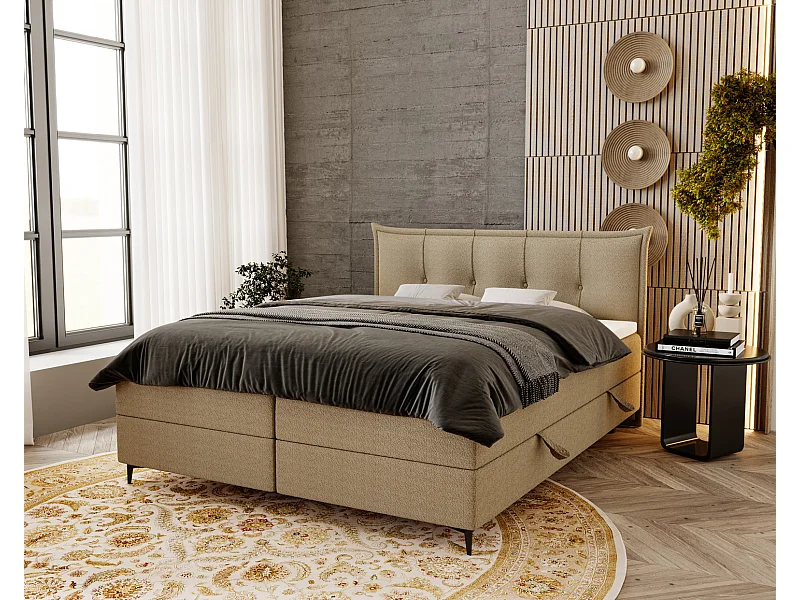 Gestoffeerd bed 160x200 Liron - Tweepersoonsbed met matras, met topper, opbergruimte, Beige (Anthology 3)