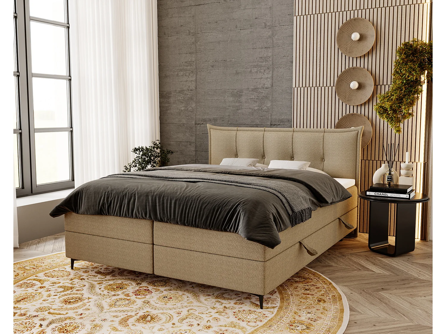 Lit adulte 160x200 avec Rangement Liron - Lit double avec matelas et surmatelas - Lit Beige (Anthology 3)