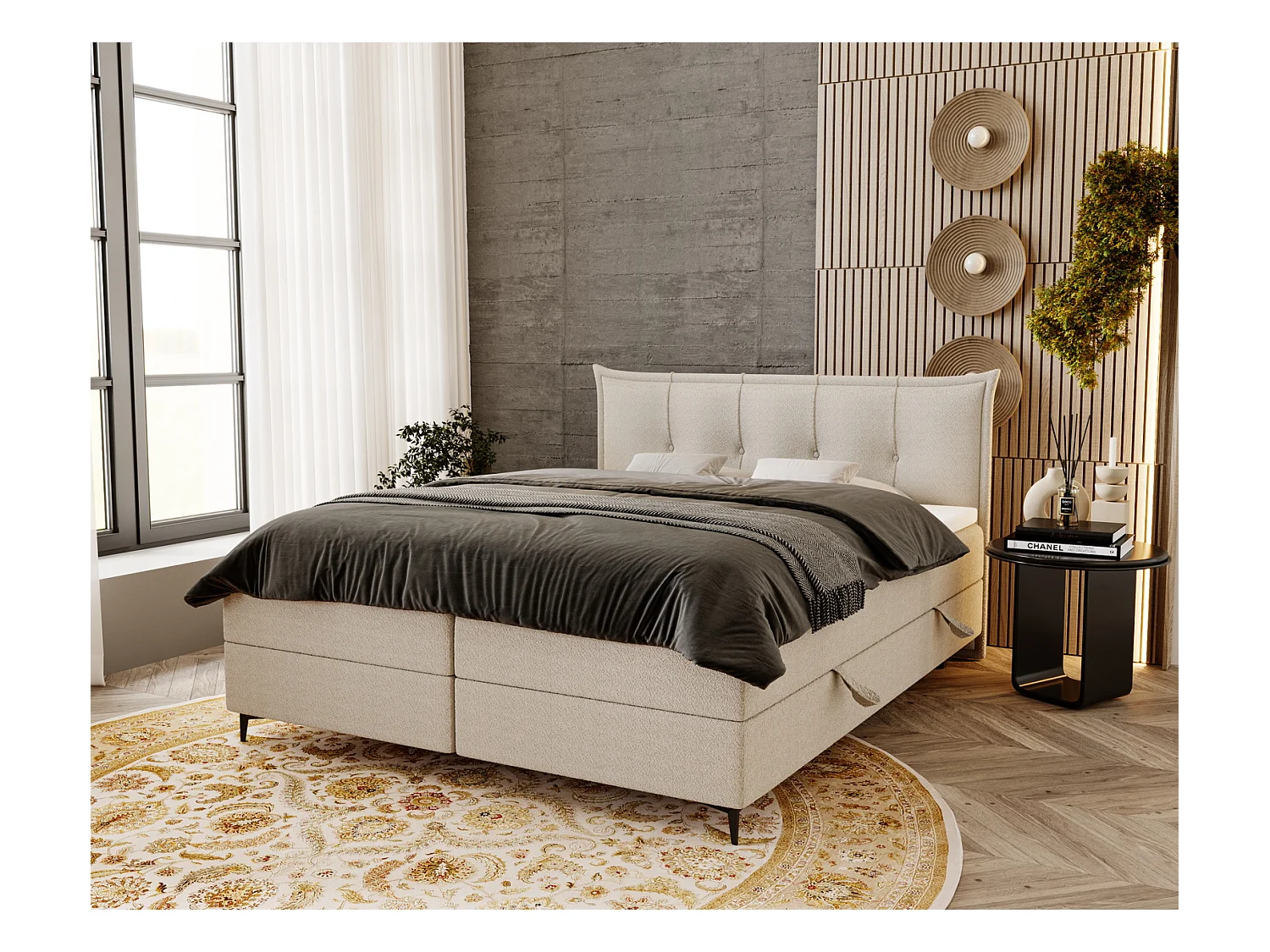 Boxspringbett mit Matratze 140x200 Liron - Doppelbett mit Bettkasten, Topper, Bouclé-Stoff Creme (Anthology 1)