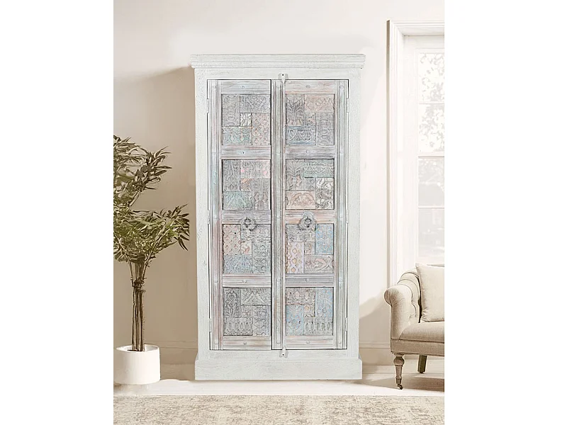 Viva - Armoire 2 portes en bois massif de manguier sculptée