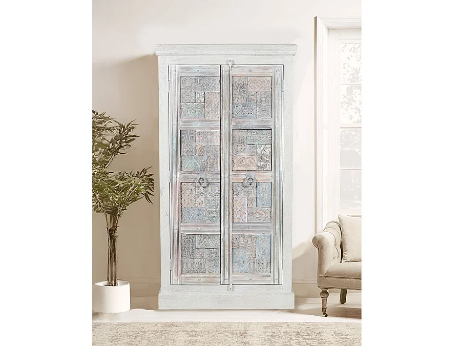 Viva - Armoire 2 portes en bois massif de manguier sculptée