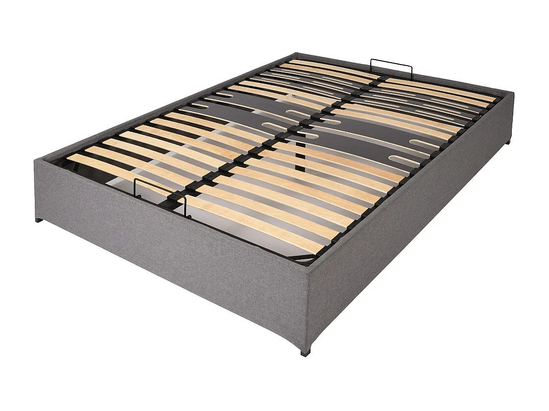 Lit coffre Savio - 160x200 - Tissu déco gris clair - 36 lattes bois - Gain de place