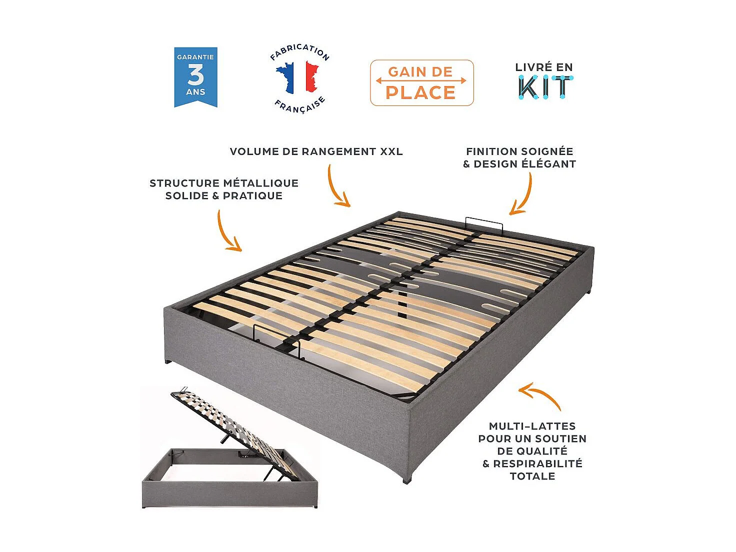 Lit coffre Savio - 160x200 - Tissu déco gris clair - 36 lattes bois - Gain de place