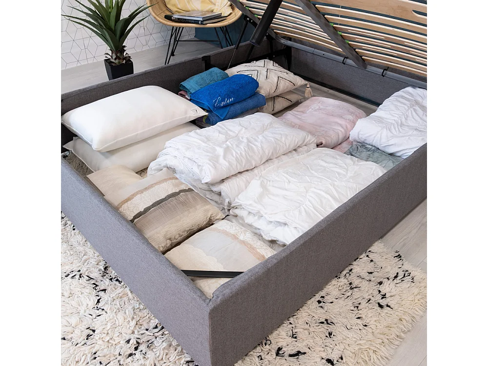 Lit coffre Savio - 160x200 - Tissu déco gris clair - 36 lattes bois - Gain de place