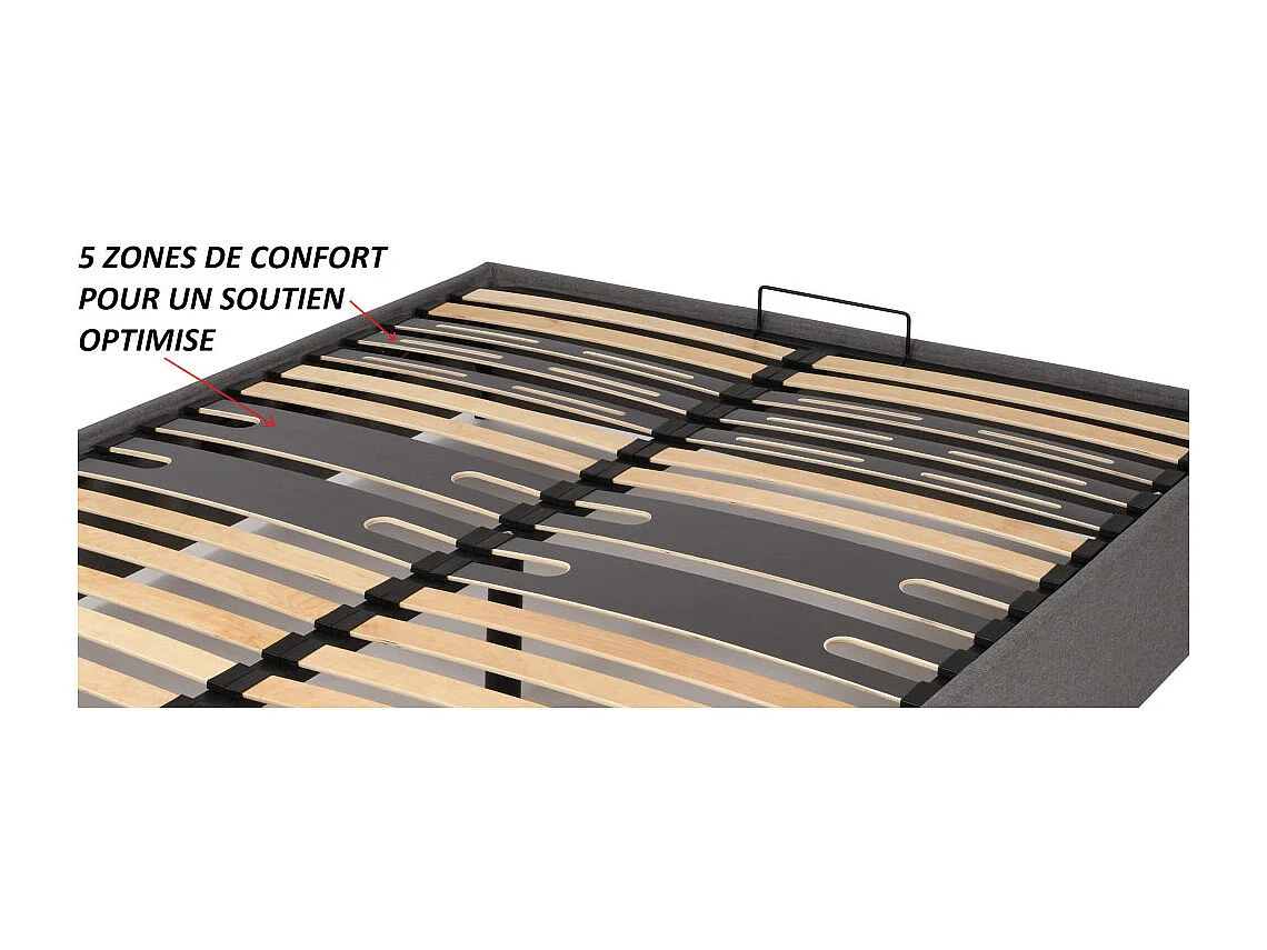 Lit coffre Savio - 160x200 - Tissu déco gris clair - 36 lattes bois - Gain de place