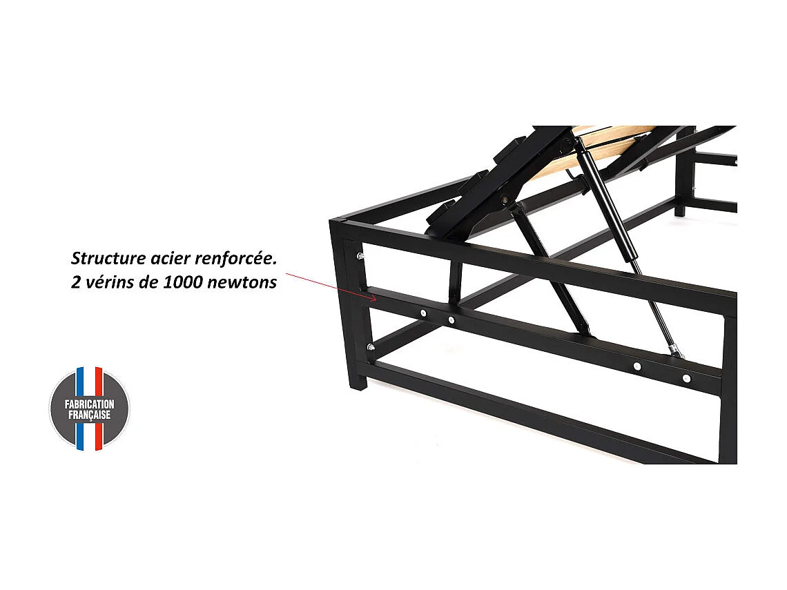 Lit coffre Savio - 160x200 - Tissu déco gris clair - 36 lattes bois - Gain de place