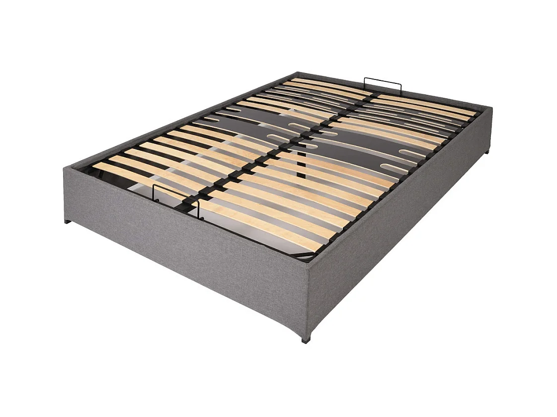 Lit coffre Savio - 160x200 - Tissu déco gris clair - 36 lattes bois - Gain de place