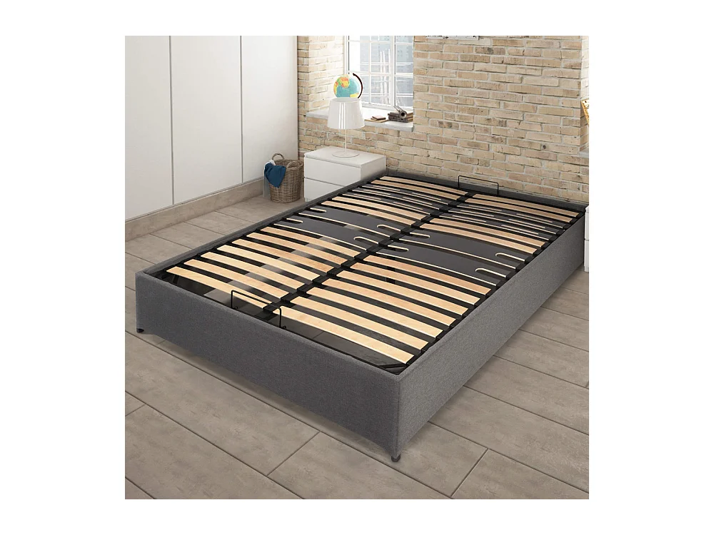 Lit coffre Savio - 160x200 - Tissu déco gris clair - 36 lattes bois - Gain de place