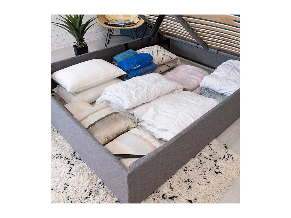 Lit coffre Savio - 160x200 - Tissu déco gris clair - 36 lattes bois - Gain de place