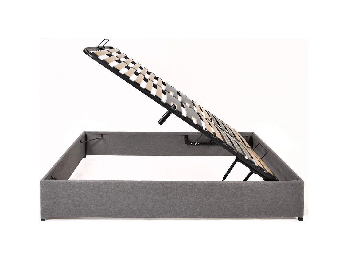 Lit coffre Savio - 160x200 - Tissu déco gris clair - 36 lattes bois - Gain de place
