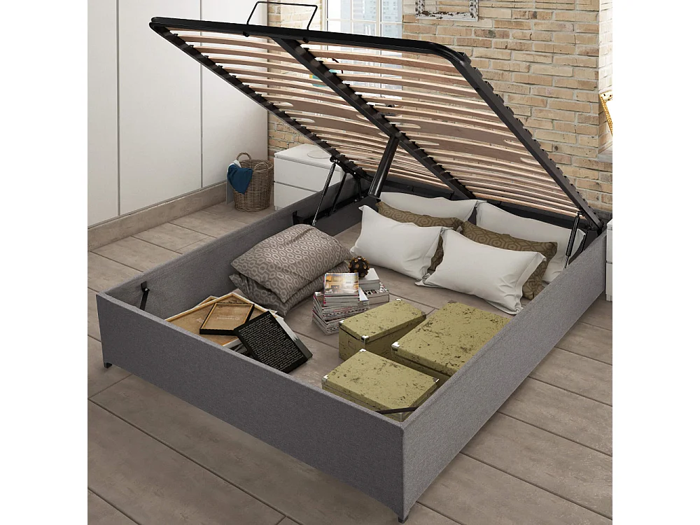 Lit coffre Savio - 160x200 - Tissu déco gris clair - 36 lattes bois - Gain de place