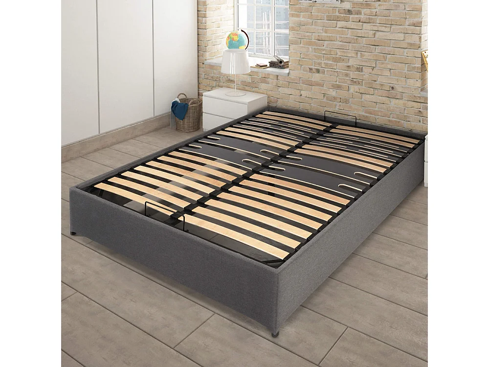 Lit coffre Savio - 160x200 - Tissu déco gris clair - 36 lattes bois - Gain de place
