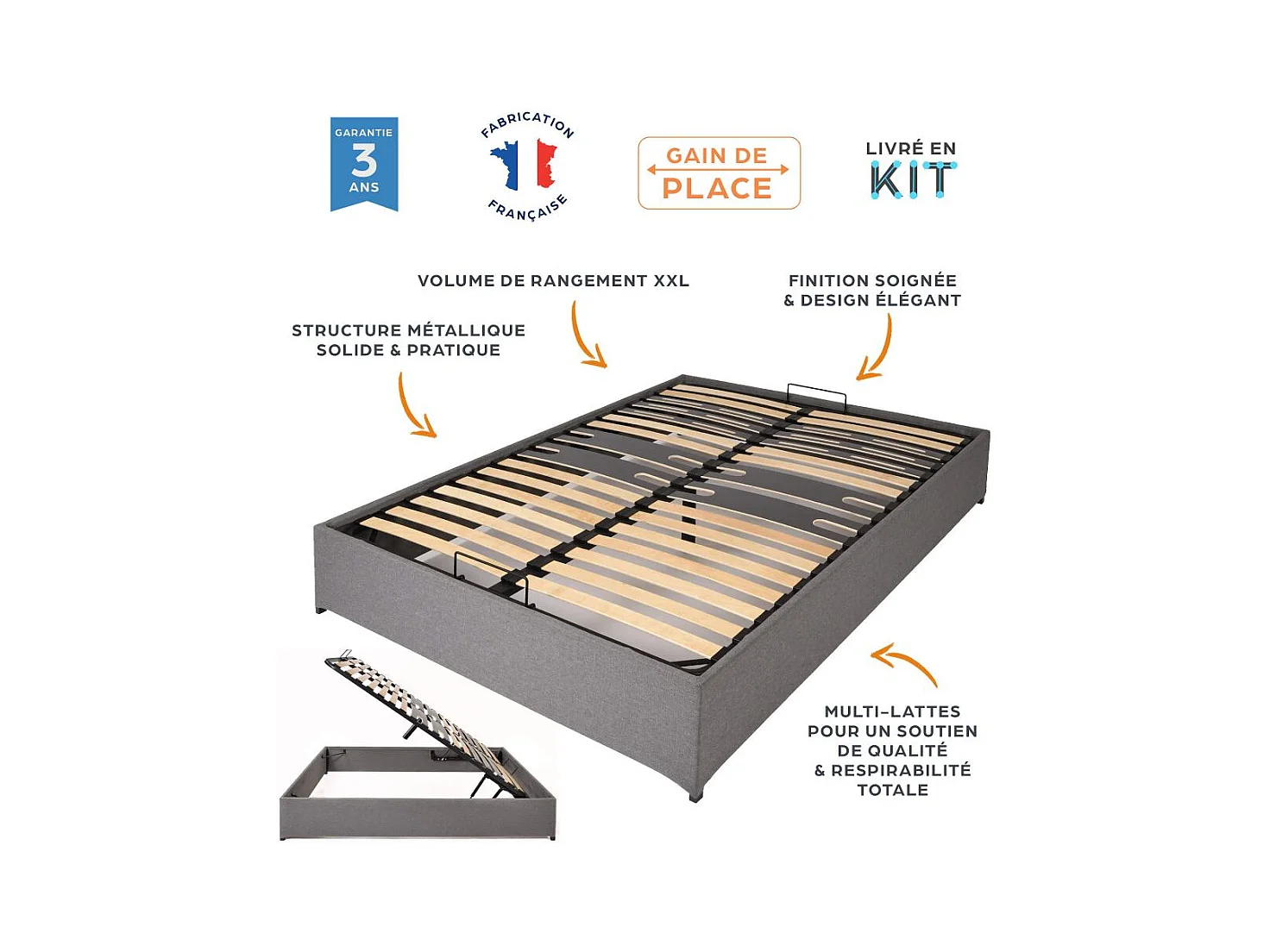 Lit coffre Savio - 140x190 - Tissu déco gris clair - 36 lattes bois - Gain de place