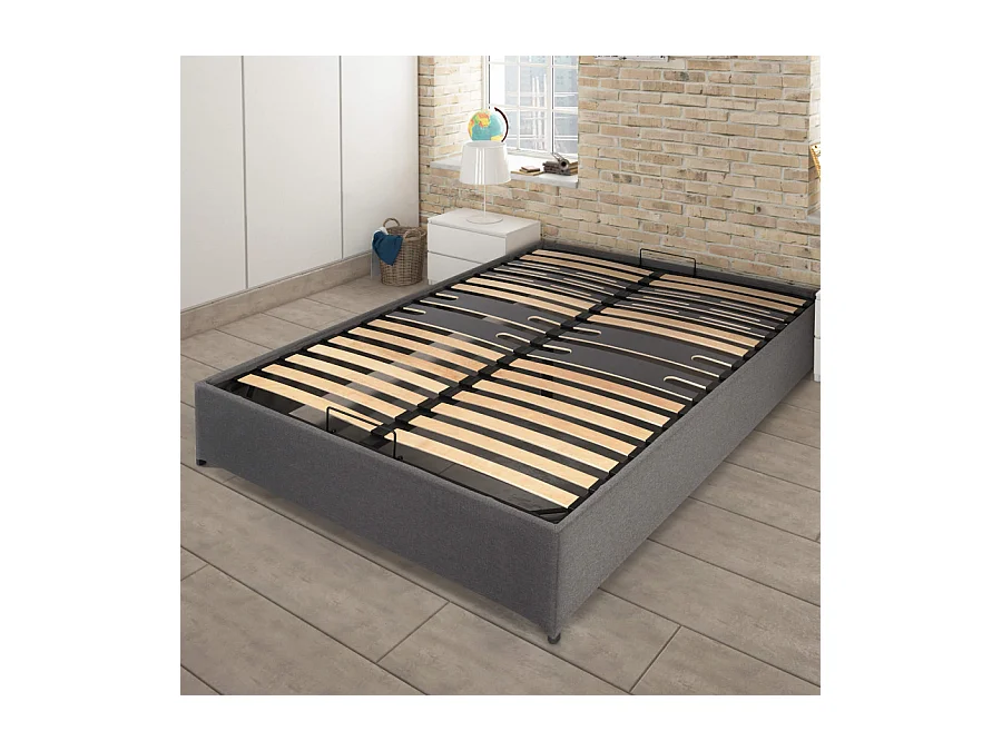Lit coffre Savio - 140x190 - Tissu déco gris clair - 36 lattes bois - Gain de place