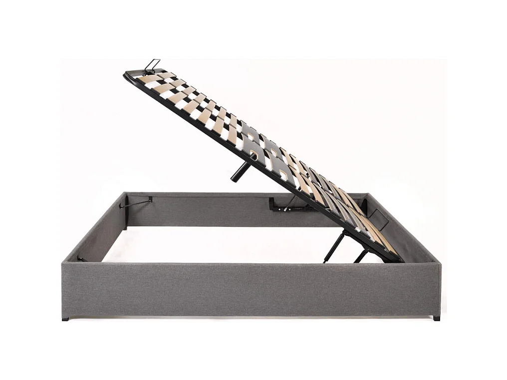 Lit coffre Savio - 140x190 - Tissu déco gris clair - 36 lattes bois - Gain de place