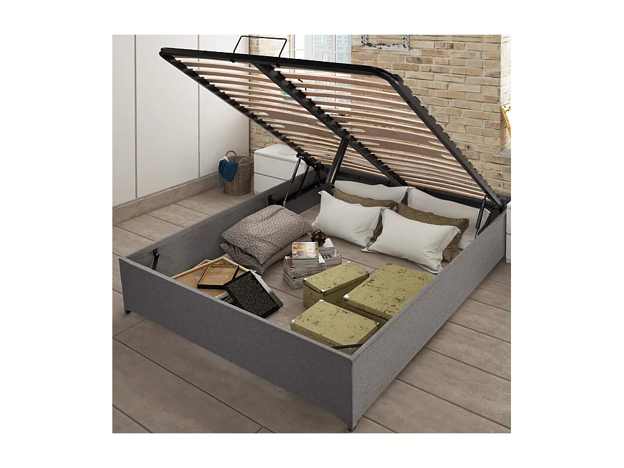 Lit coffre Savio - 140x190 - Tissu déco gris clair - 36 lattes bois - Gain de place