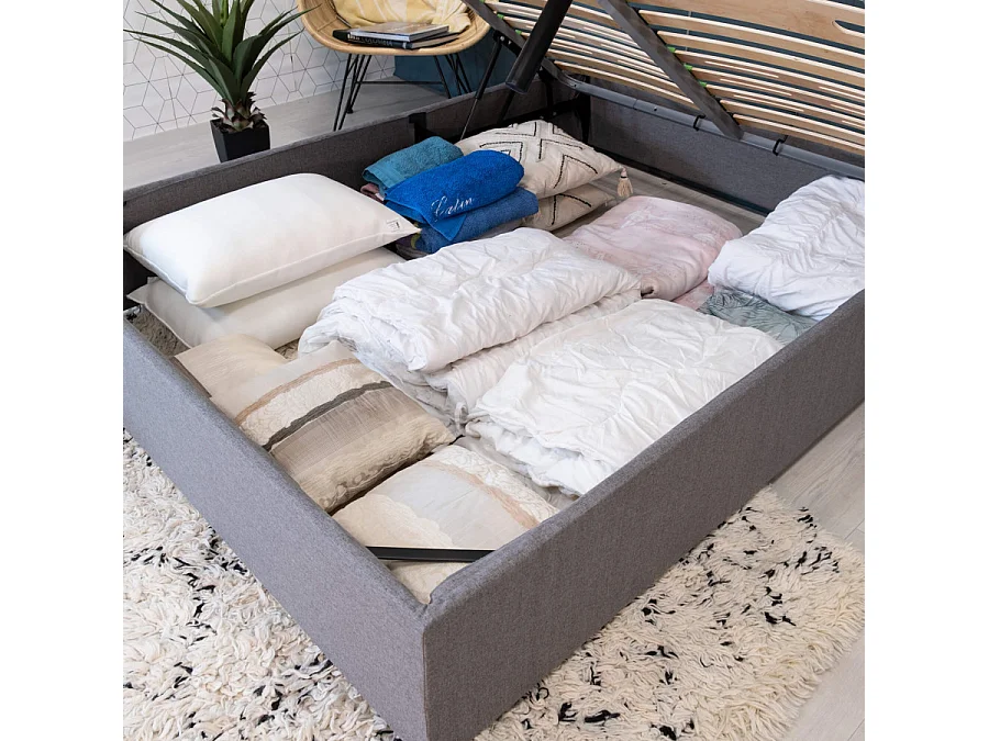 Lit coffre Savio - 140x190 - Tissu déco gris clair - 36 lattes bois - Gain de place