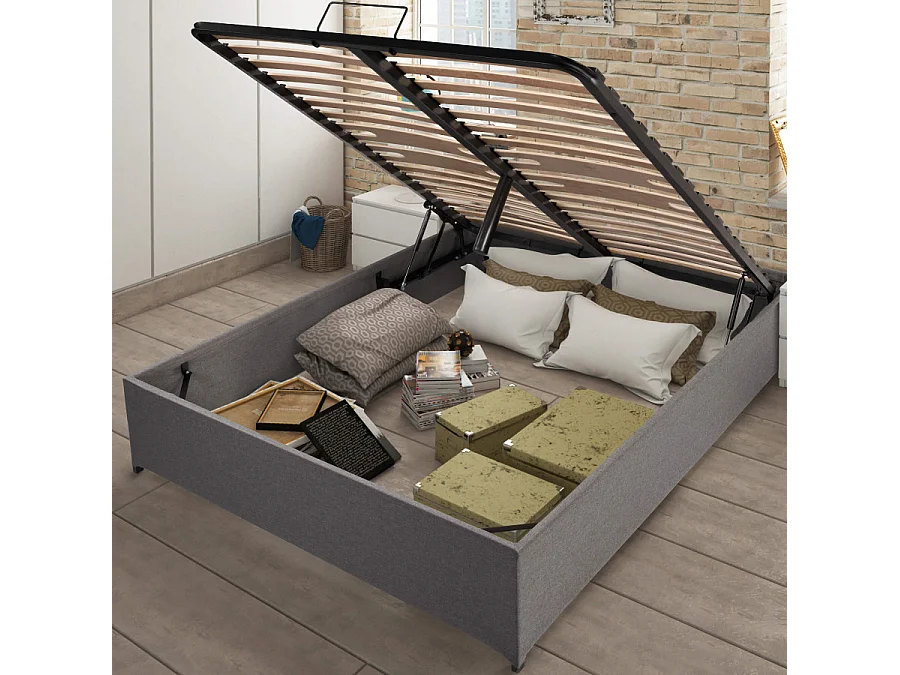 Lit coffre Savio - 140x190 - Tissu déco gris clair - 36 lattes bois - Gain de place