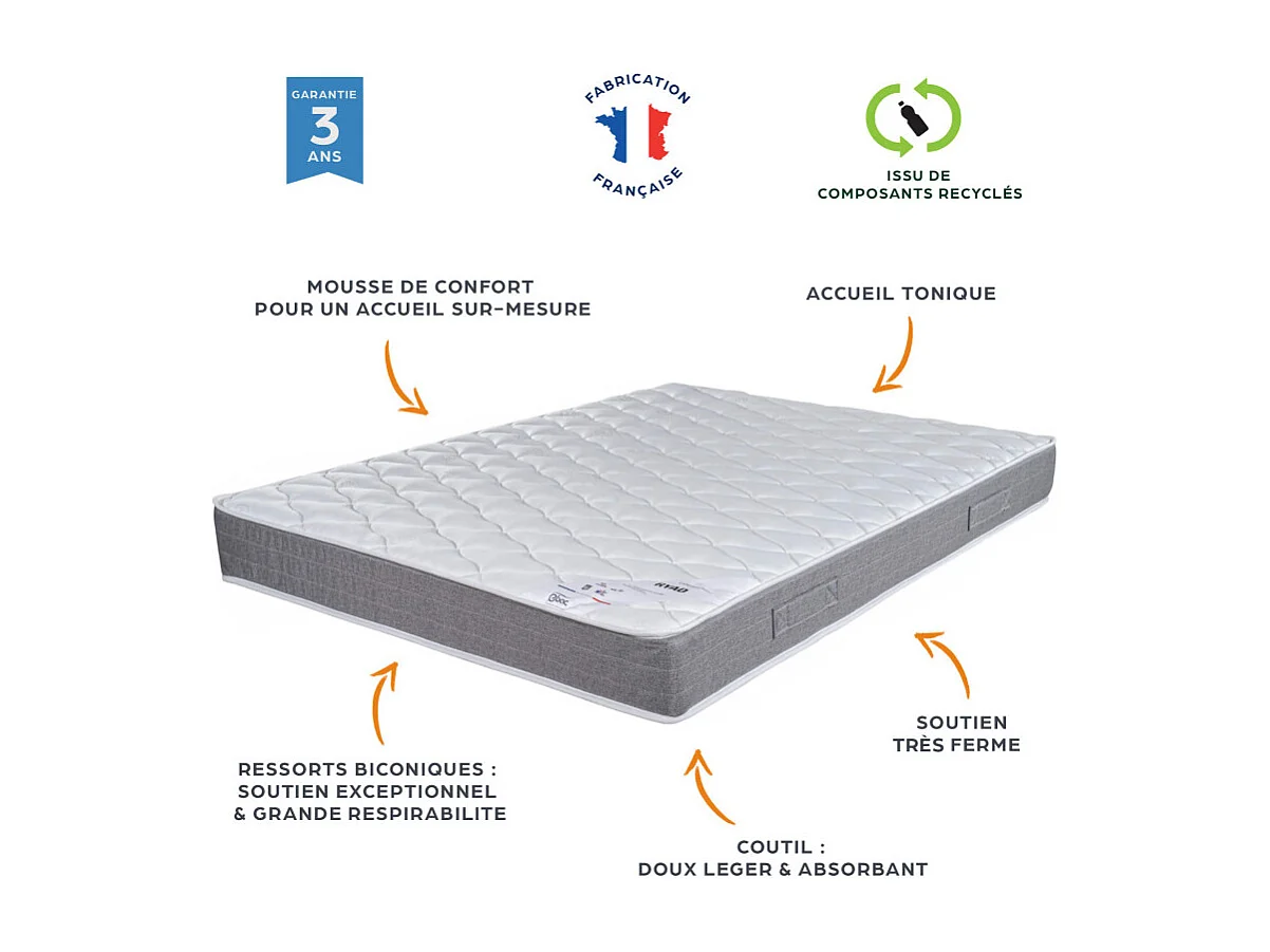Matelas 90x190 Ryad - Ressorts - Hauteur 21 cm - Soutien très ferme