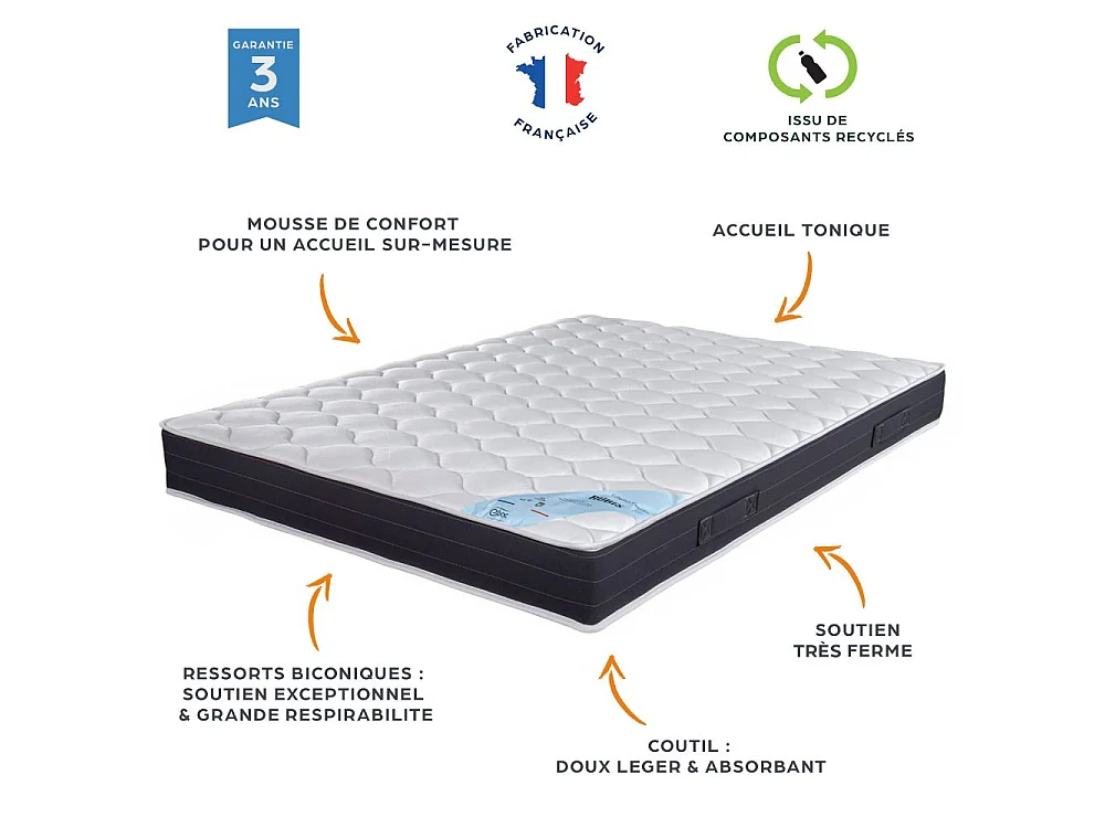 Matelas 90x190 Rubis - Ressorts - Hauteur 21 cm - Soutien très ferme