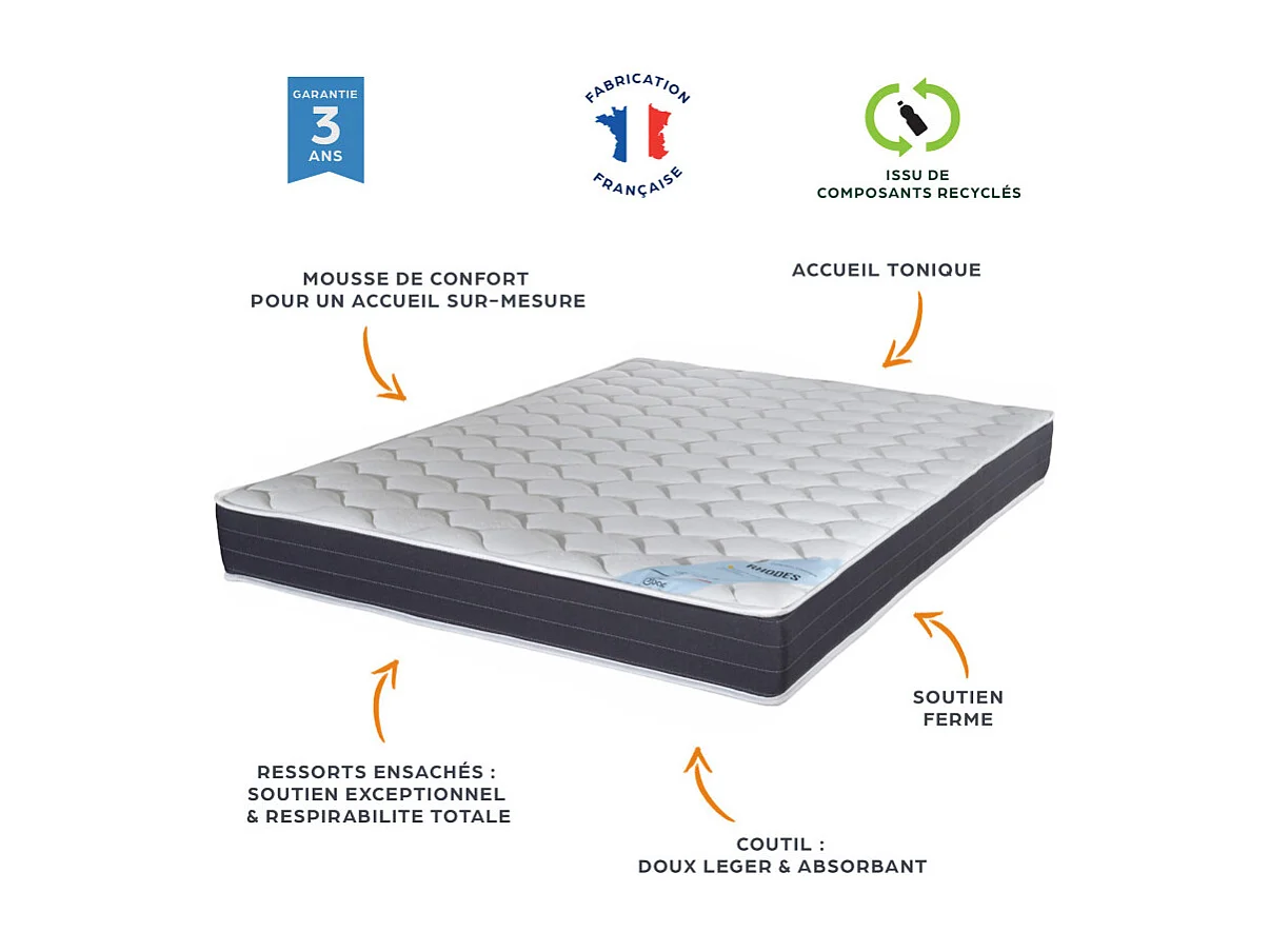 Matelas 140x190 Rhodes - Ressorts ensachés - Hauteur 24 cm - Soutien ferme