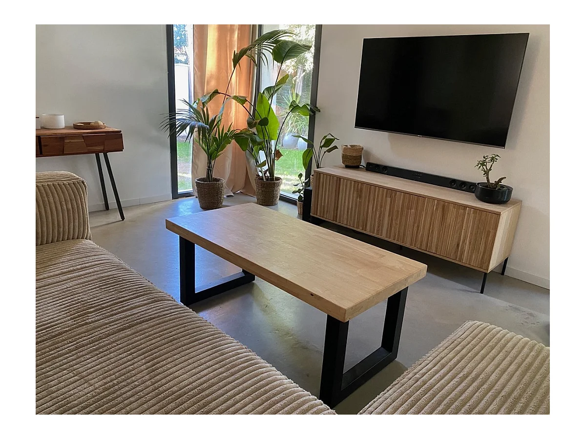 MATIKA - Table basse relevable en bois de chêne et acier noir