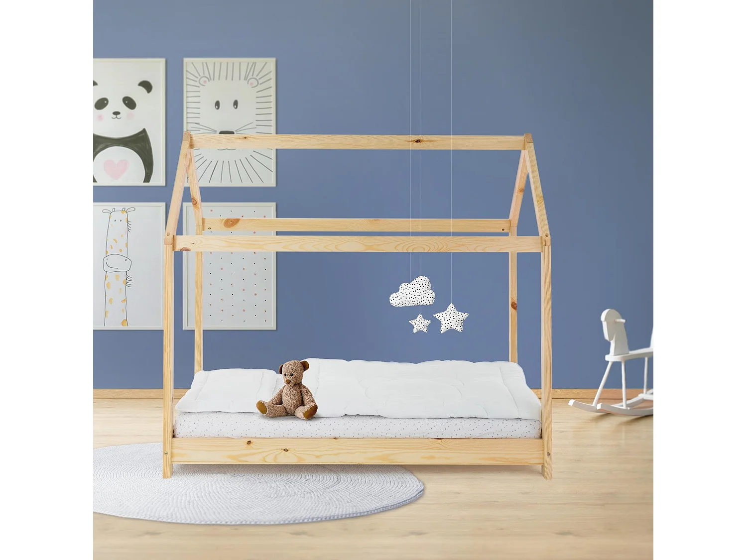 ML-Design Lettino per bambini forma casa con tetto 80x160 cm, letto Montessori in legno di pino massiccio naturale, casetta cameretta bimbi