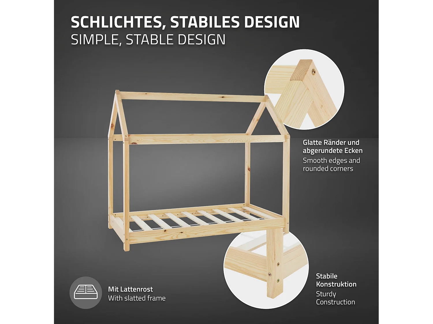 ML-Design Lettino per bambini forma casa con tetto 80x160 cm, letto Montessori in legno di pino massiccio naturale, casetta cameretta bimbi