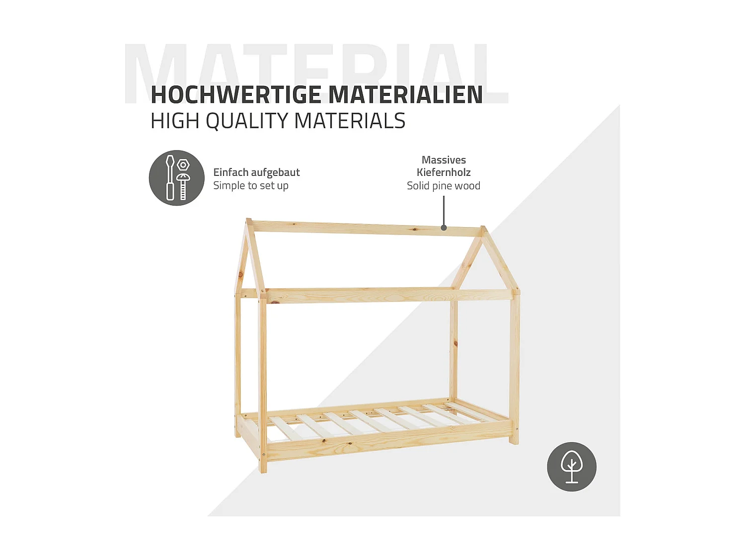 ML-Design Lettino per bambini forma casa con tetto 80x160 cm, letto Montessori in legno di pino massiccio naturale, casetta cameretta bimbi