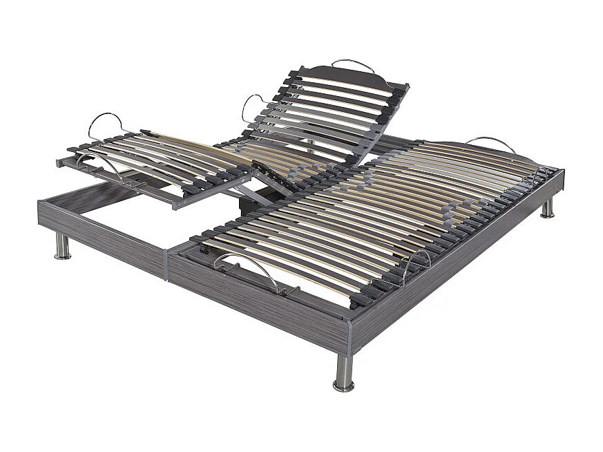 Sommier électrique S62+Lattes bois - Réglage fermeté zone lombaires - 2x70x190 - Gris