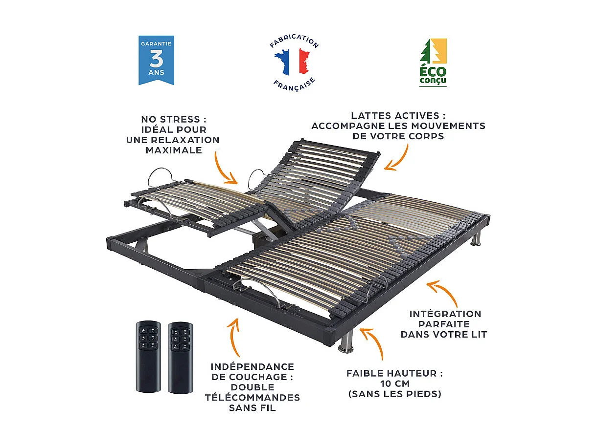 Sommier électrique S50 -Lattes bois -Réglage fermeté zone lombaires -2x70x190 -Gris