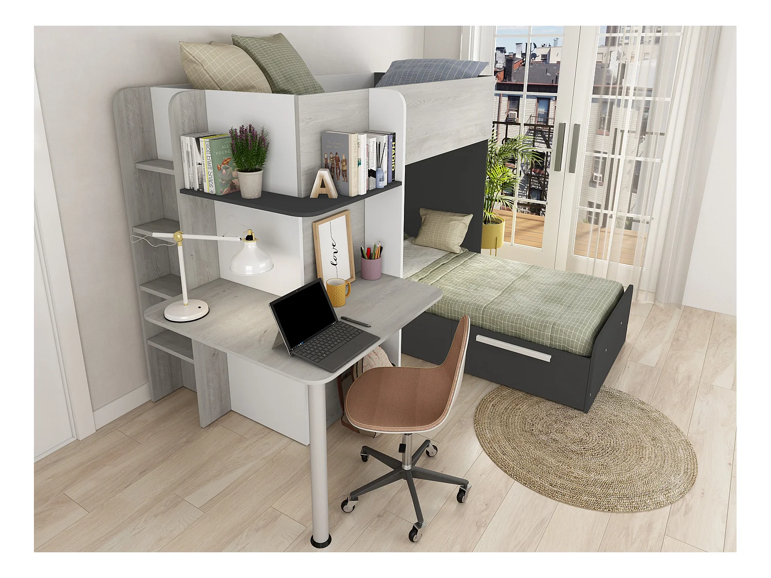 Lits superposés d'angle 2 x 90 x 190 cm - Avec bureau - Gris, blanc et noir + Matelas - SAMUEL