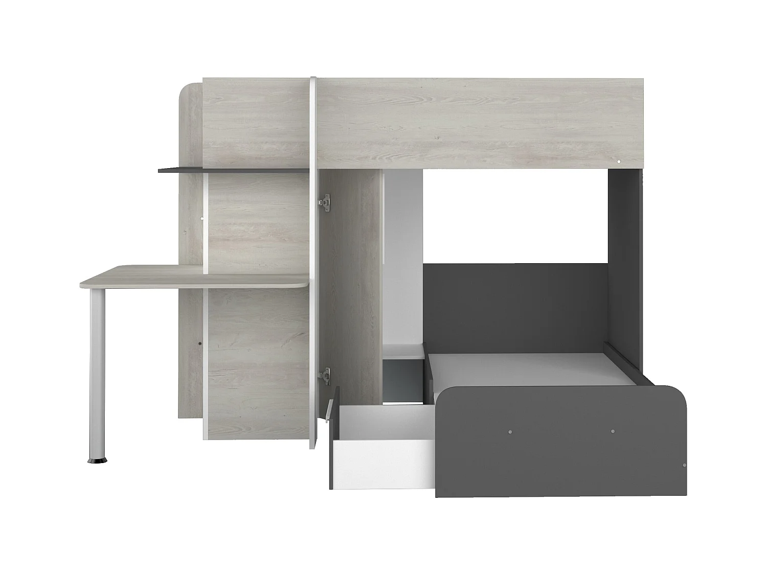 Lits superposés d'angle 2 x 90 x 190 cm - Avec bureau - Gris, blanc et noir + Matelas - SAMUEL