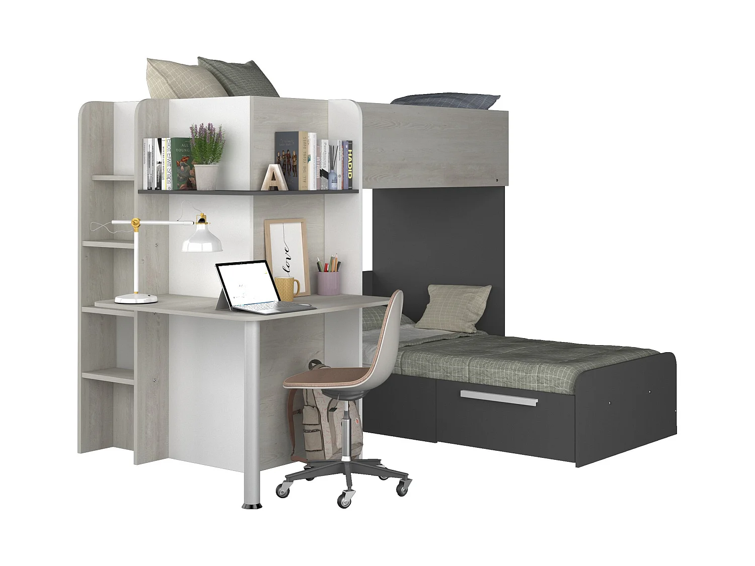 Lits superposés d'angle 2 x 90 x 190 cm - Avec bureau - Gris, blanc et noir + Matelas - SAMUEL