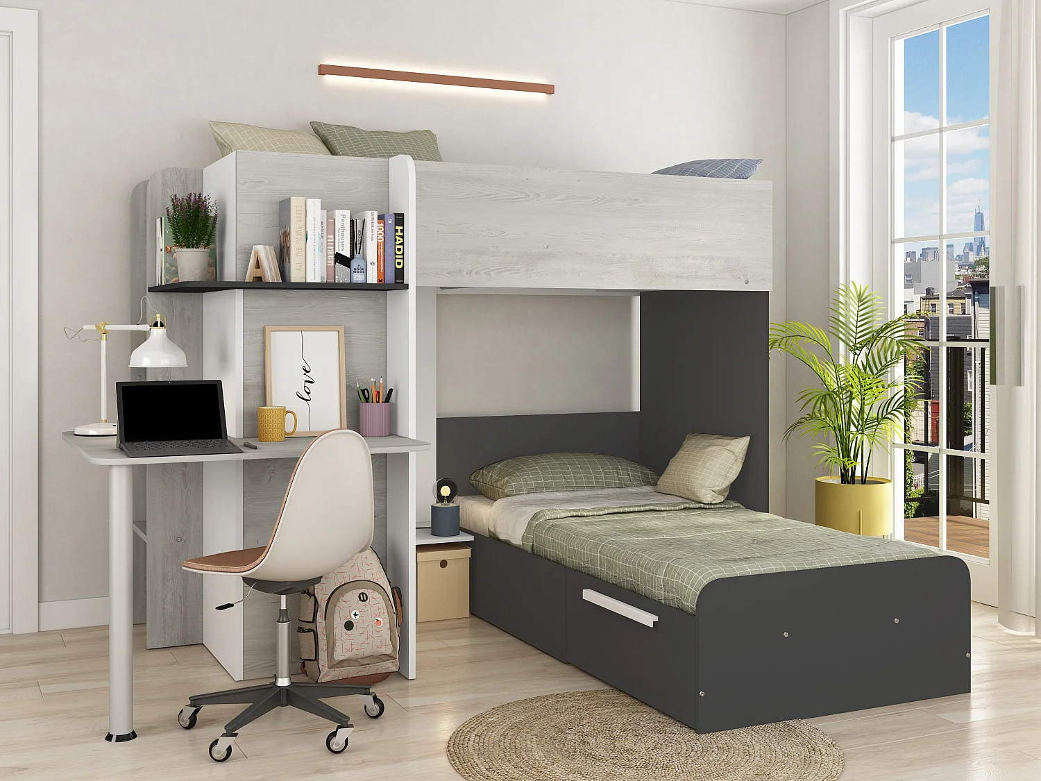 Eck-Hochbett - 2 x 90 x 190 cm -  mit Schreibtisch - Grau, Weiß & Schwarz + Matratze - SAMUEL