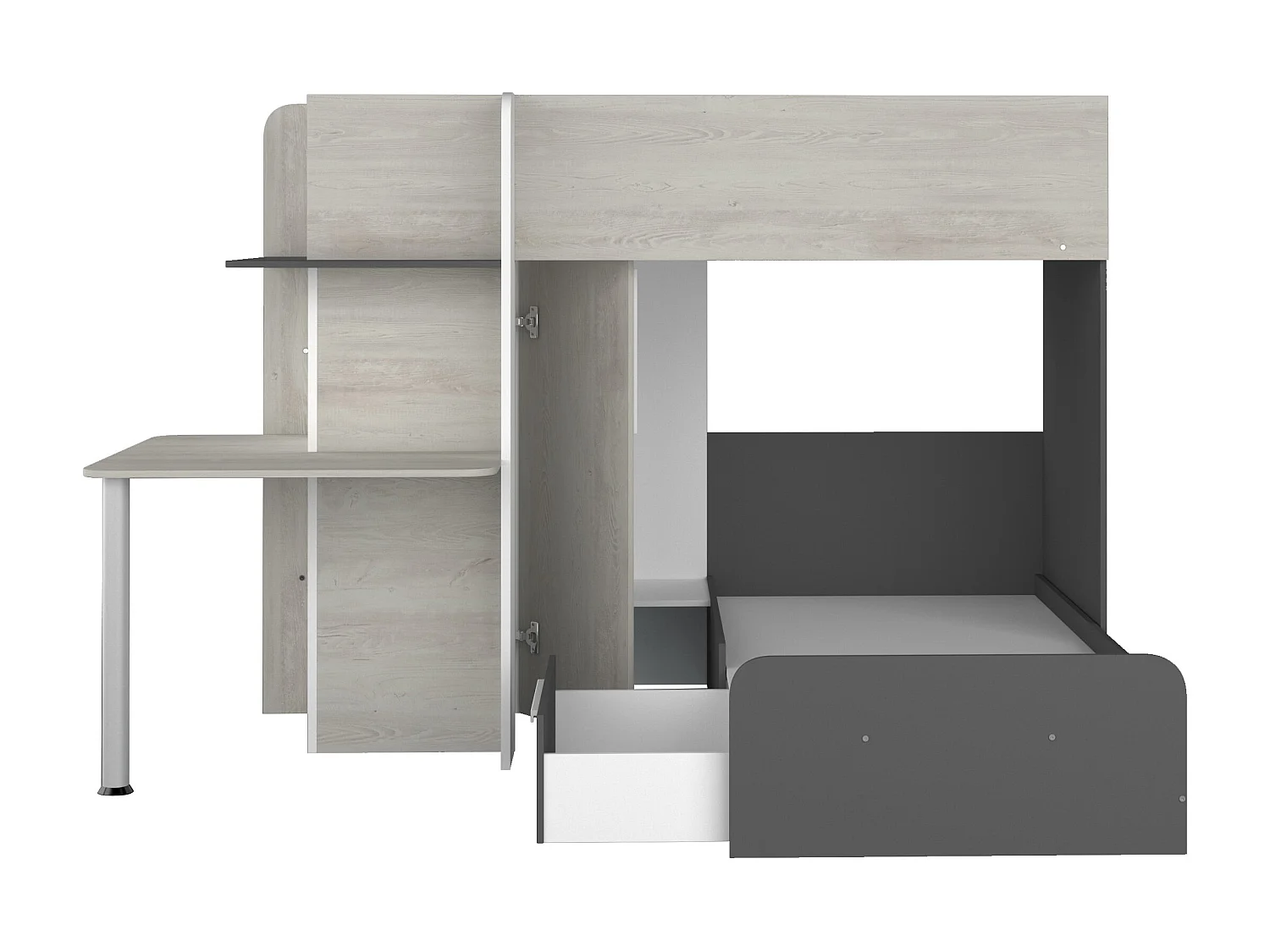 Lits superposés d'angle 2 x 90 x 190 cm - Avec bureau - Gris, blanc et noir + Matelas - SAMUEL