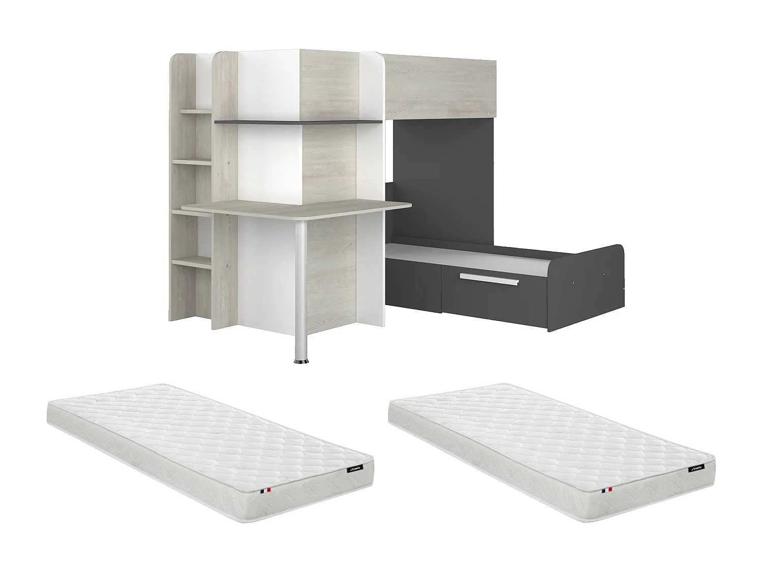 Lits superposés d'angle 2 x 90 x 190 cm - Avec bureau - Gris, blanc et noir + Matelas - SAMUEL