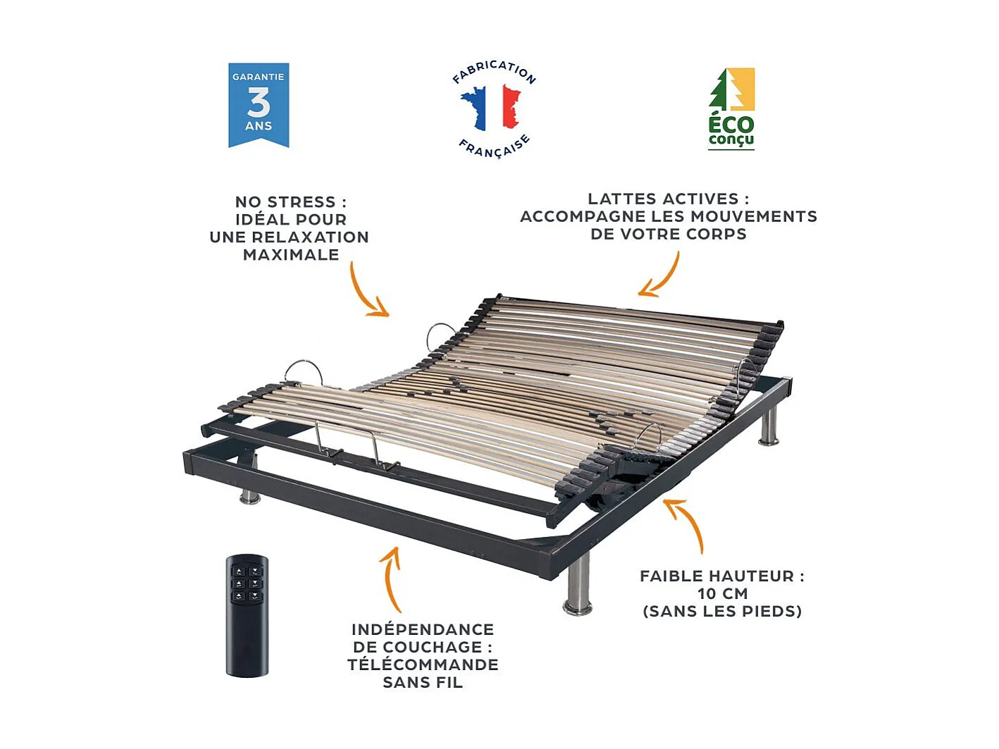 Sommier électrique S50 Mono-Lattes bois-Réglage fermeté zone lombaires-140x190-Gris