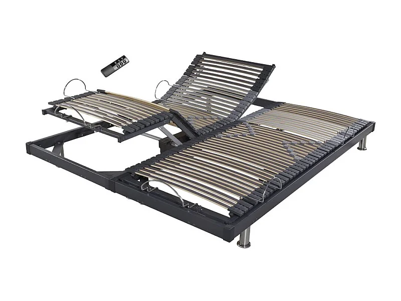 Sommier électrique S50 -Lattes bois -Réglage fermeté zone lombaires -2x80x200 -Gris