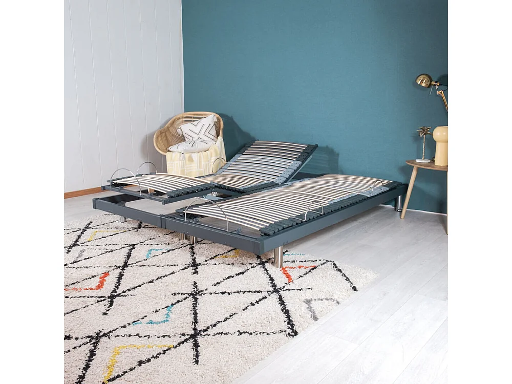 Sommier électrique S50 -Lattes bois -Réglage fermeté zone lombaires -2x80x200 -Gris