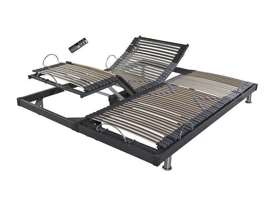 Sommier électrique S50 -Lattes bois -Réglage fermeté zone lombaires -2x80x200 -Gris